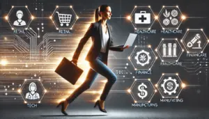 DALL·E 2025-02-25 13.51.15 - A professional IT woman in motion, holding a laptop, symbolizing her transition across industries. She has a more technical appearance, wearing a smar